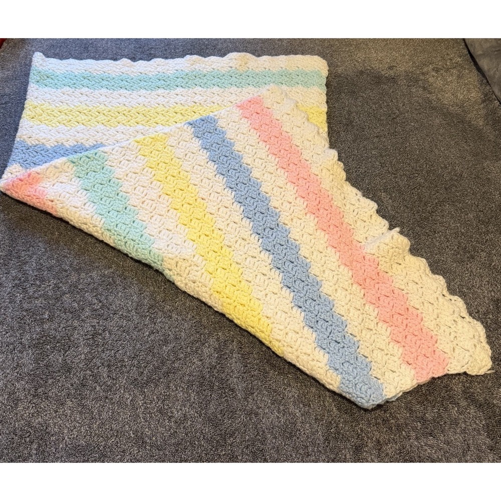 Handmade Crochet‎ Baby Afghan Blanket. 40"x50" Pastel Stripes